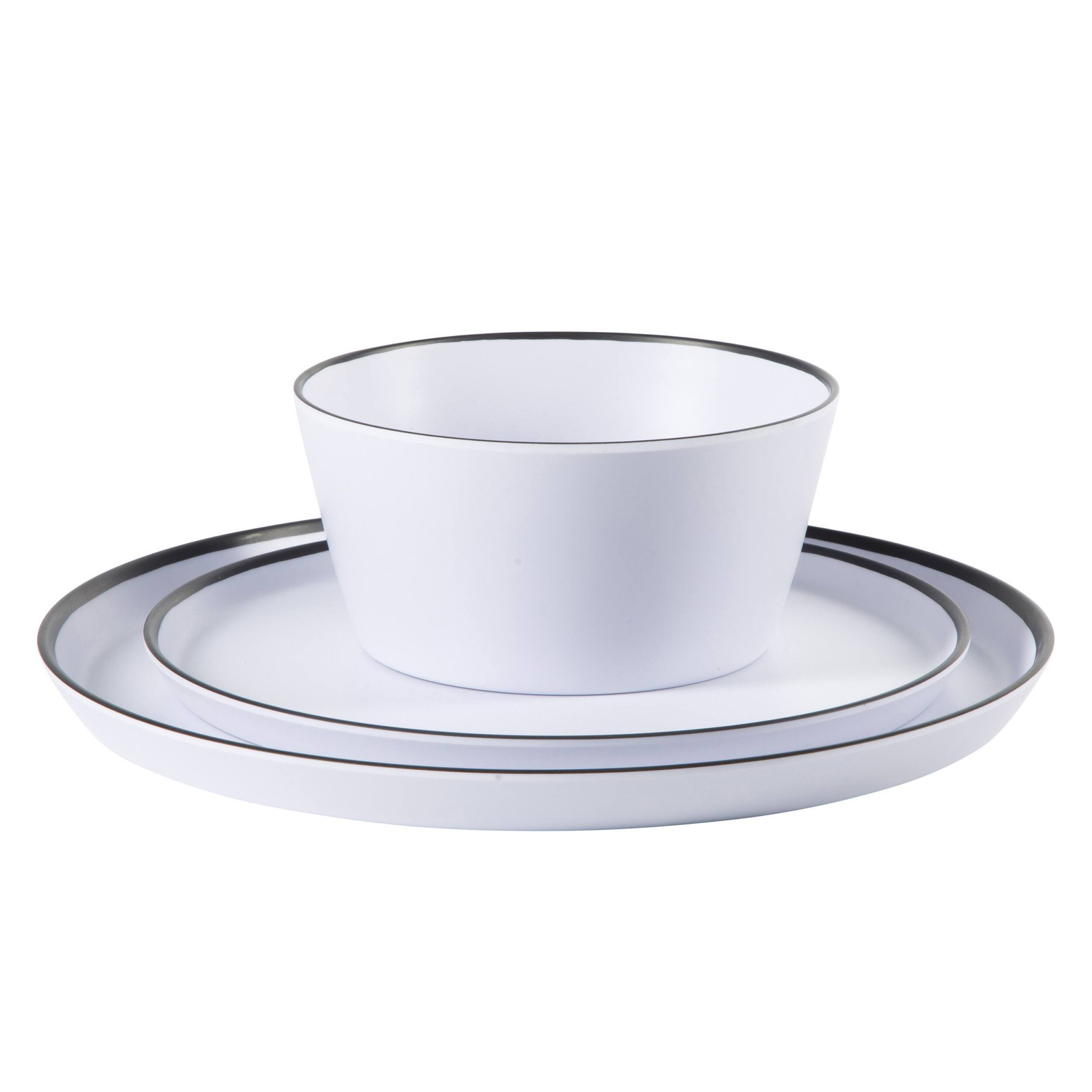 Alt View 2. Gibson - Gibson Home Folsom Shores 12 Piece Melamine Dinnerware Set in White w/ Black Rim - White and Black Rim.