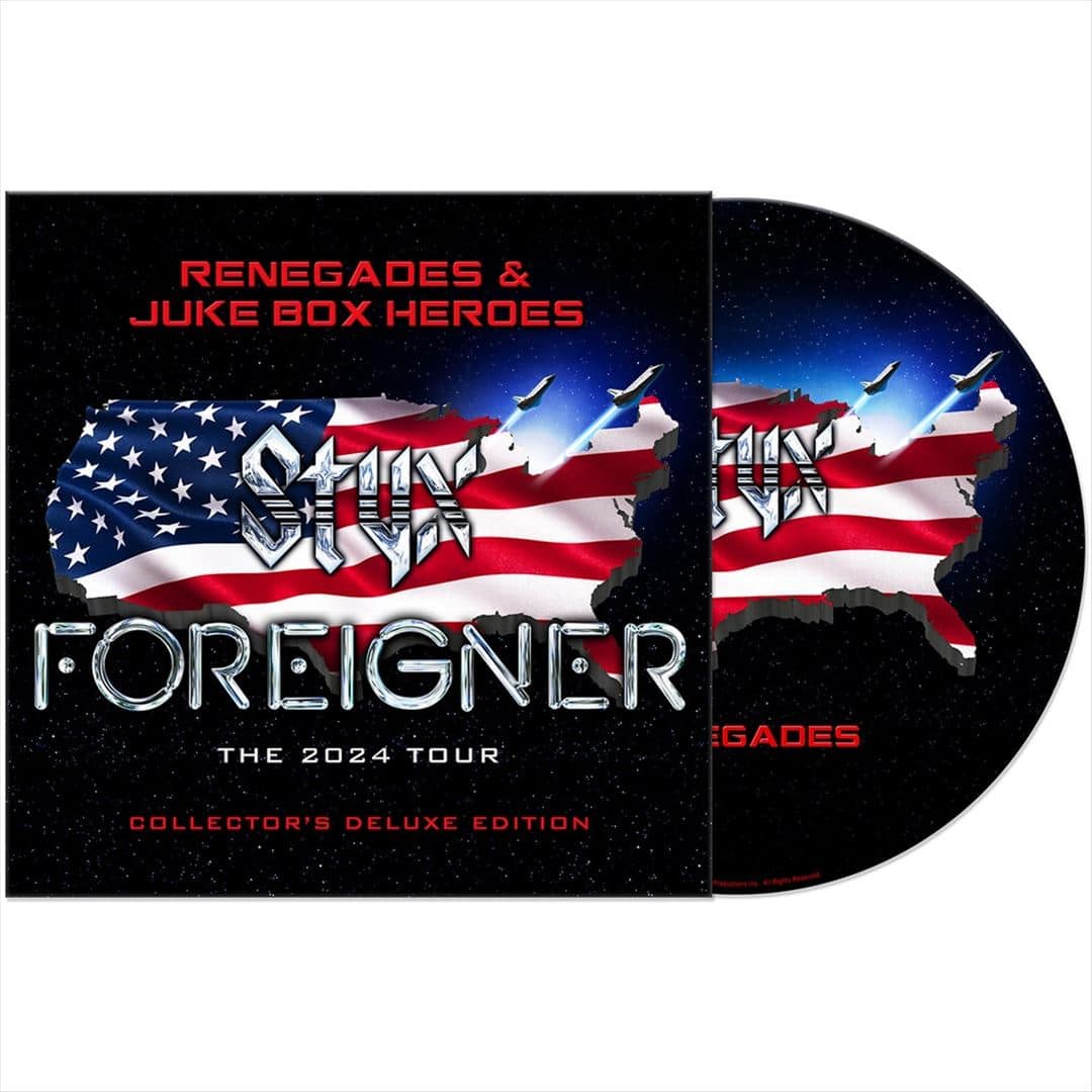 The image features a CD cover for a music album by Foreigner. The cover is decorated with an American flag and the title of the album is "Renegades & Juke Box Heroes". The album is described as a collector's deluxe edition, and it is likely to be released in 2024.