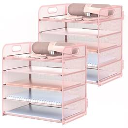 Paradigms Interiors - Letter Tray Paper Organizer 5-tier Desk File Holder With Handle Metal Desktop Document Shelf Office Classro - 2 Pack 5-tier Desk Organizer,pink