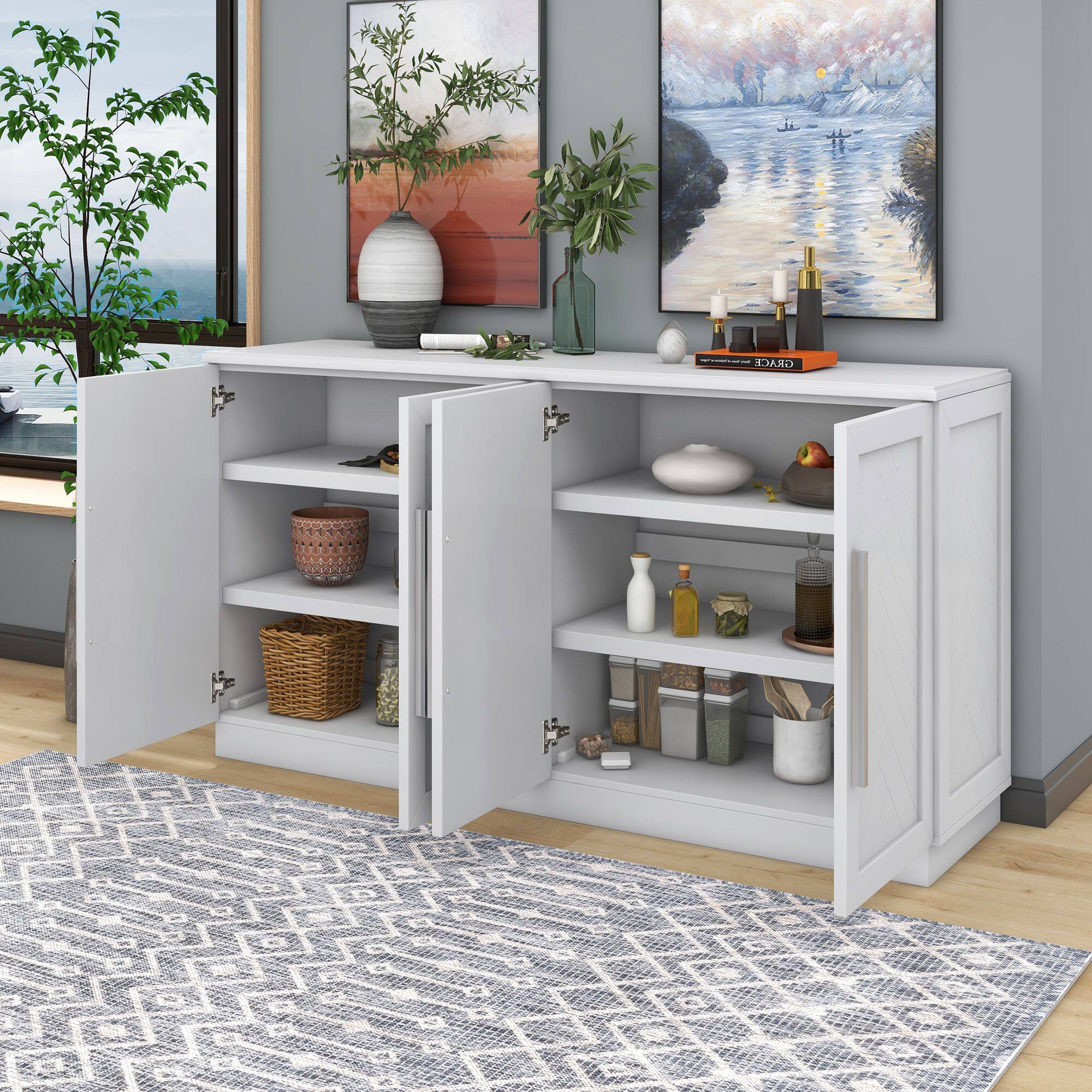 Back. Mirfee - Sideboard with 4 Doors, Large Storage, Adjustable Shelves, Silver Handles, for Kitchen Dining - Black.