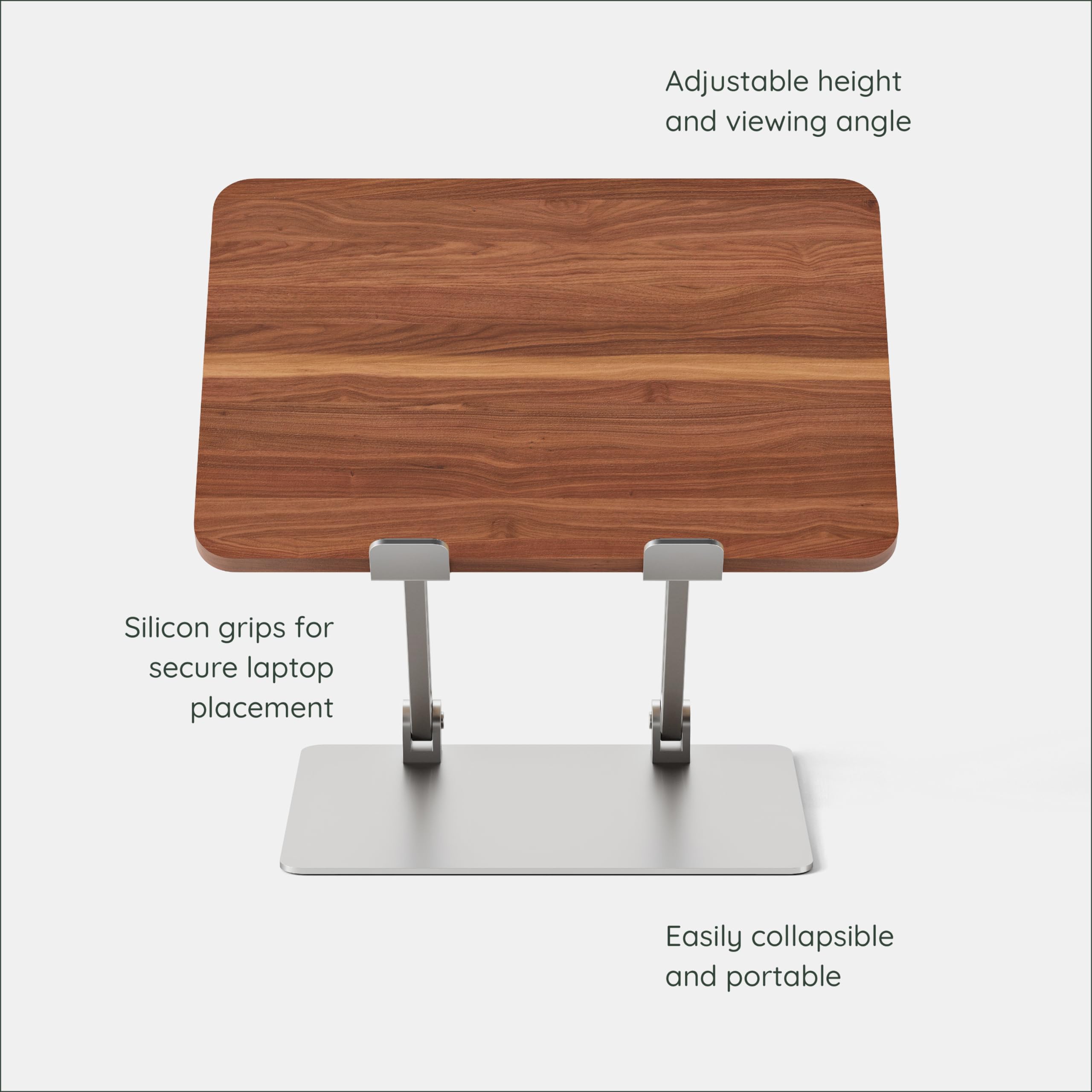 Adjustable height and viewing angle  
Silicon grips for secure laptop placement  
Easily collapsible and portable