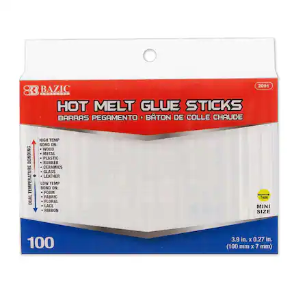 2091 83 BAZIC HOT MELT GLUE STICKS
BARRAS PEGAMENTO • BÂTON DE COLLE CHAUDE
DUAL HIGH TEMP BOND ON: WOOD, METAL, PLASTIC, RUBBER, CERAMICS, GLASS, LEATHER
LOW TEMP BOND ON: FOAM, FABRIC, FLORAL, LACE, RIBBON
MINI SIZE 100
3.9 in. X 0.27 in. (100 mm x 7 mm)