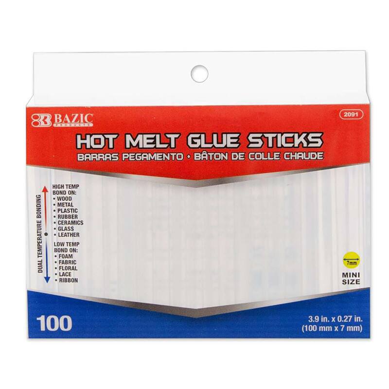 2091 83 BAZIC HOT MELT GLUE STICKS  
BARRAS PEGAMENTO • BÂTON DE COLLE CHAUDE  
DUAL HIGH TEMP BOND ON: WOOD, METAL, PLASTIC, RUBBER, CERAMICS, GLASS, LEATHER  
LOW TEMP BOND ON: FOAM, FABRIC, FLORAL, LACE, RIBBON  
MINI SIZE 100  
3.9 in. X 0.27 in. (100 mm x 7 mm)