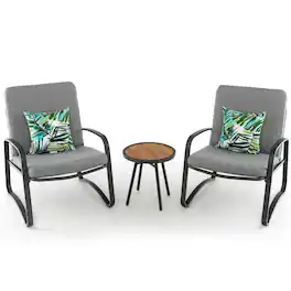 Gymax - Set of 3 Bistro Conversation Set DPC Tabletop Metal Cushioned Chairs Patio - Grey, Black