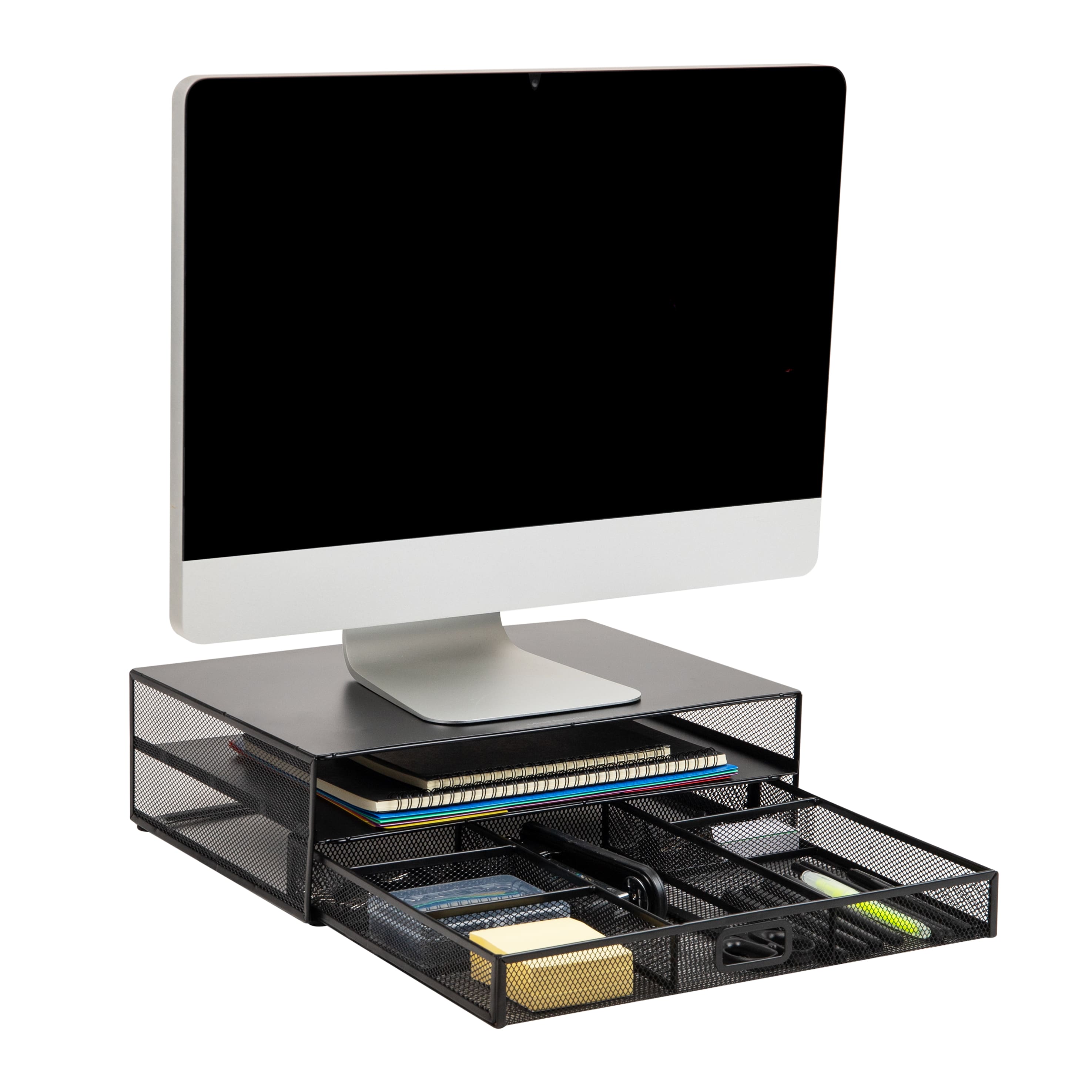 Front. Mind Reader - Monitor Stand and Office Supplies, Ventilated Riser, Storage Drawer, Metal Mesh, 15.75"L x 11.75"W x 4.5"H - Black.