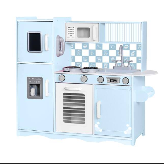 Front. Lil' Jumbl - Kids Kitchen Playset, Pretend Kids Wooden Kitchen with Chalk Board & More - Blue - Blue.