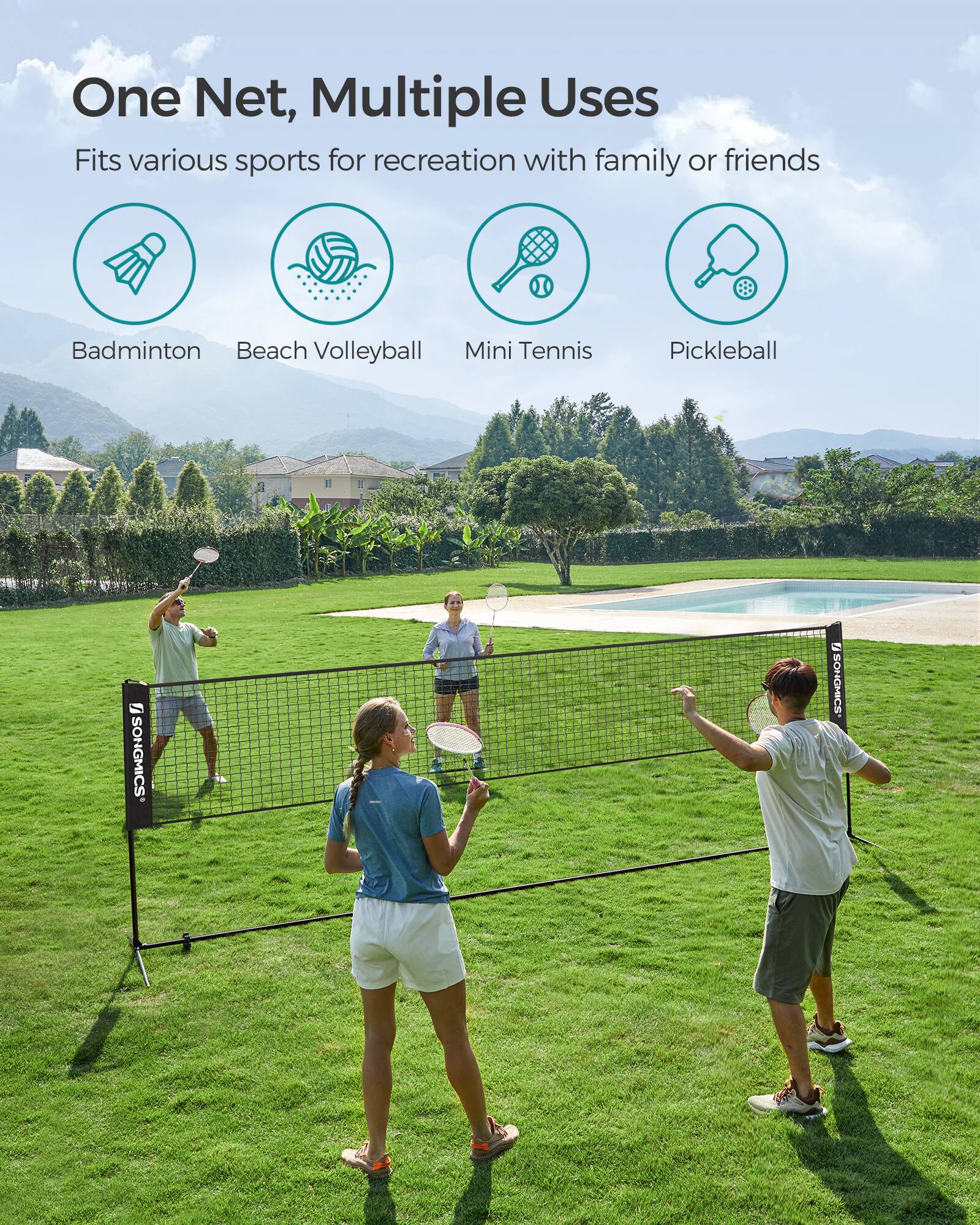 One Net, Multiple Uses  
Fits various sports for recreation with family or friends  

- Badminton  
- Beach Volleyball  
- Mini Tennis  
- Pickleball  

SONGMICS