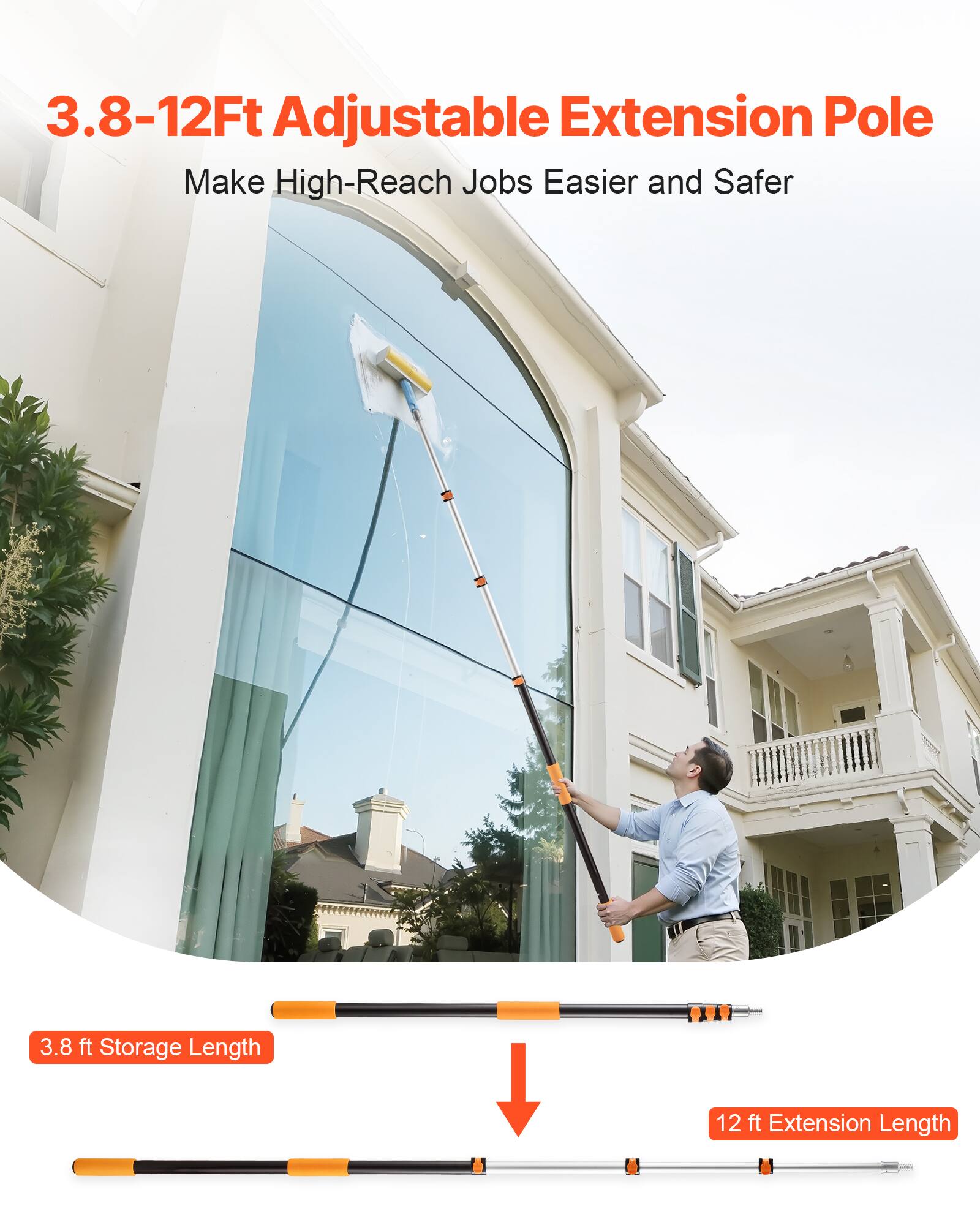 3.8-12Ft Adjustable Extension Pole: Make High-Reach Jobs Easier and Safer

3.8 ft Storage Length

12 ft Extension Length