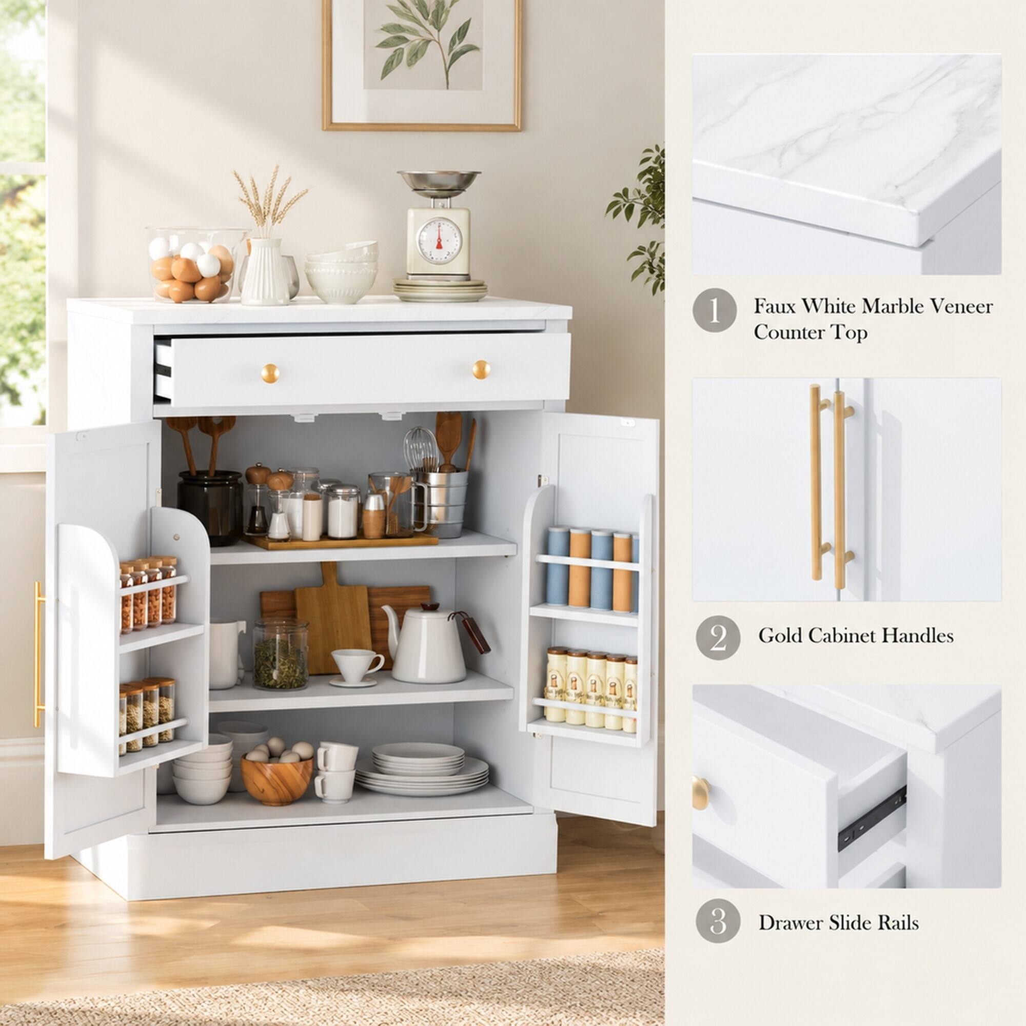 1. Faux White Marble Veneer Counter Top
2. Gold Cabinet Handles
3. Drawer Slide Rails