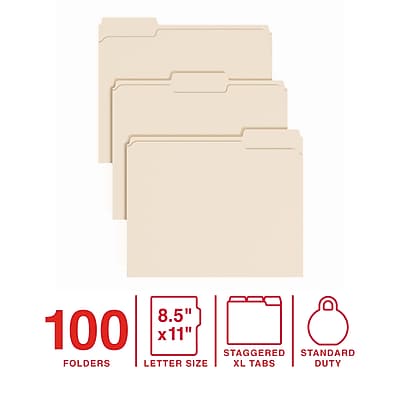 8.5" x 11" Letter Size Staggered Standard Folders with XL Tabs, 100 Folders, Standard Duty