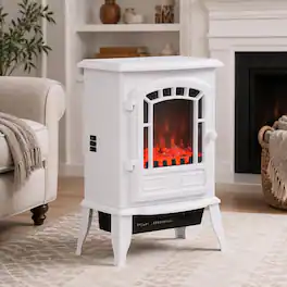 RYHNUYNE - 22-Inch Freestanding Electric Fireplace Stove Heater with Realistic Flame Effect, 750W/1500W Adjustable Heat - White