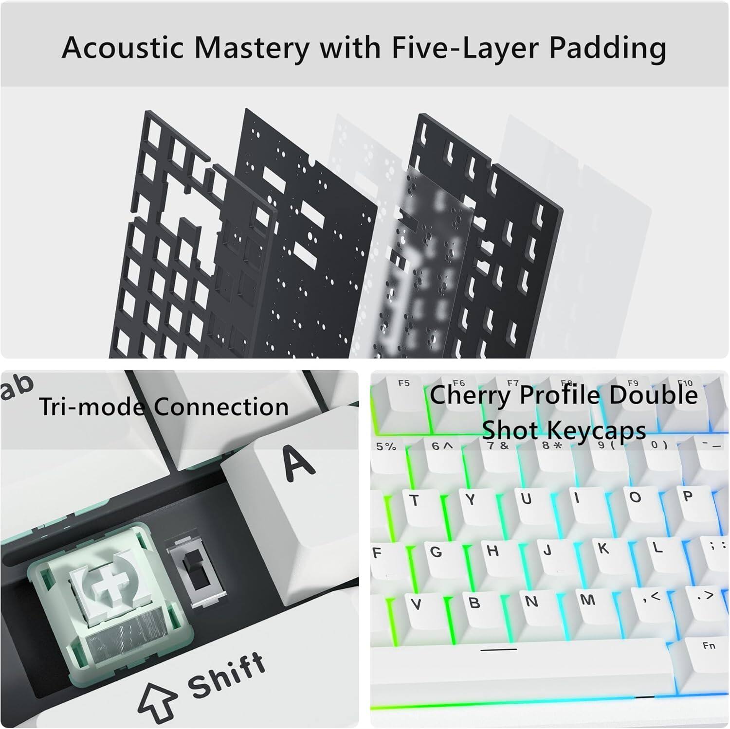 Acoustic Mastery with Five-Layer Padding

Tri-mode Connection

Cherry Profile Double Shot Keycaps

F5 F6 F7 F9 F10

5% 6 7 7& 8* 9 0

I T Y U I O P F G H K L : V N M 1 < > Shift Fn