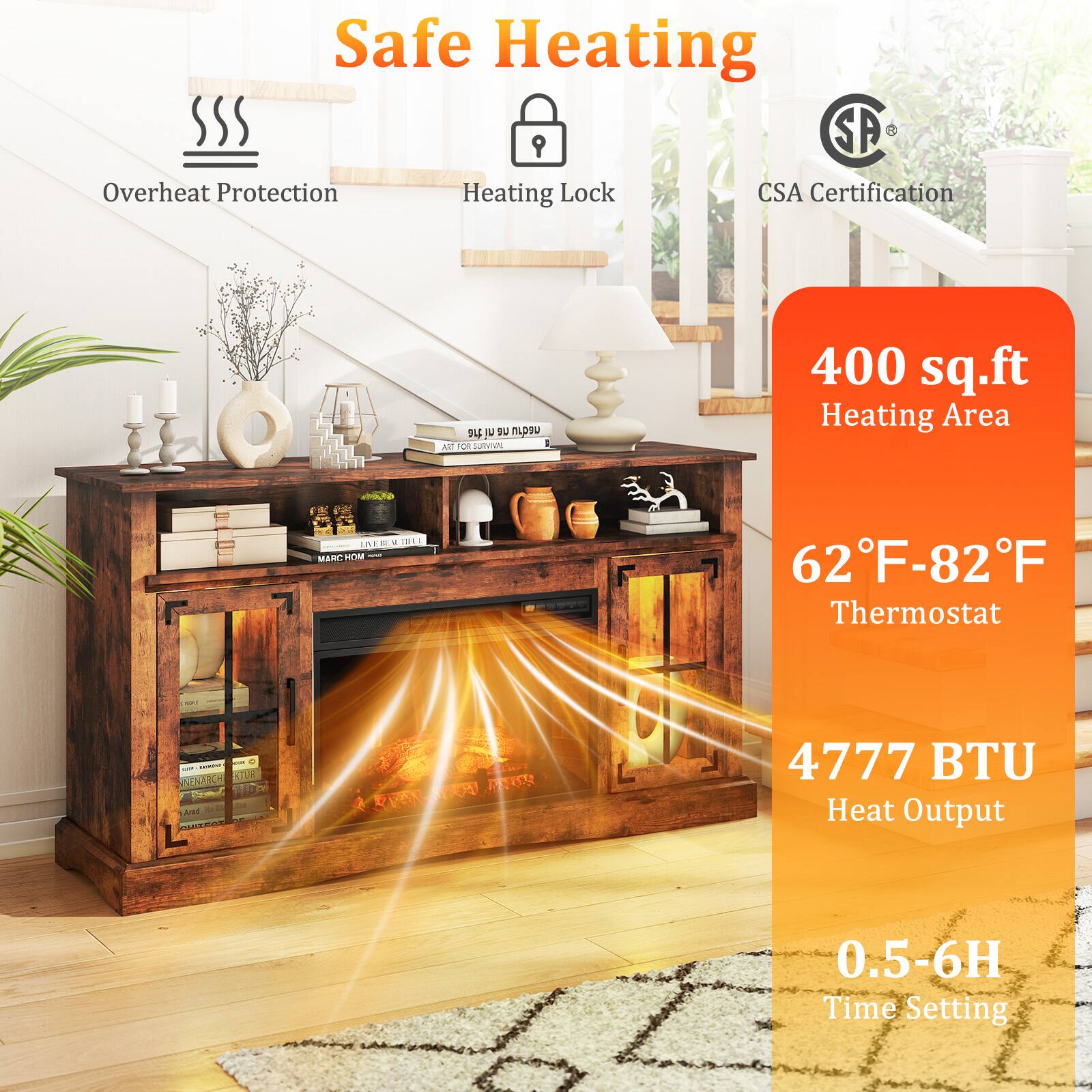 Safe Heating, SP & Overheat Protection, Heating Lock, CSA Certification, 400 sq.ft Heating Area, 62°F-82°F Thermostat, 4777 BTU Heat Output, 0.5-6H Time Setting.