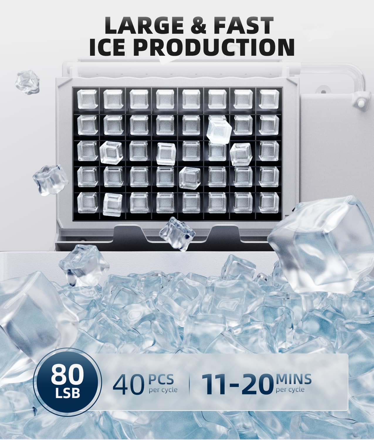 LARGE & FAST ICE PRODUCTION 80 LSB PCS 11-20 MINS 40 PCS PER CYCLE
