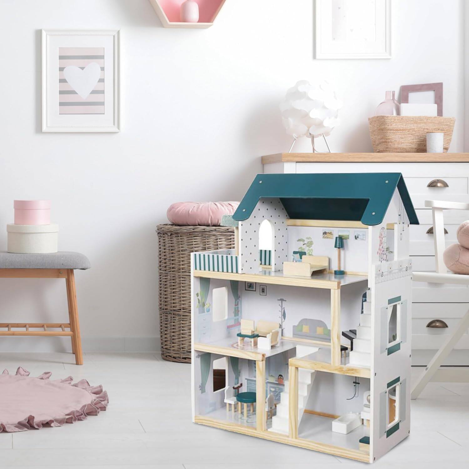 Alt View 1. Lil' Jumbl - Kids Wooden Dollhouse, 3 Story Small Doll House with Stairs, Accessories & Furniture - Green.