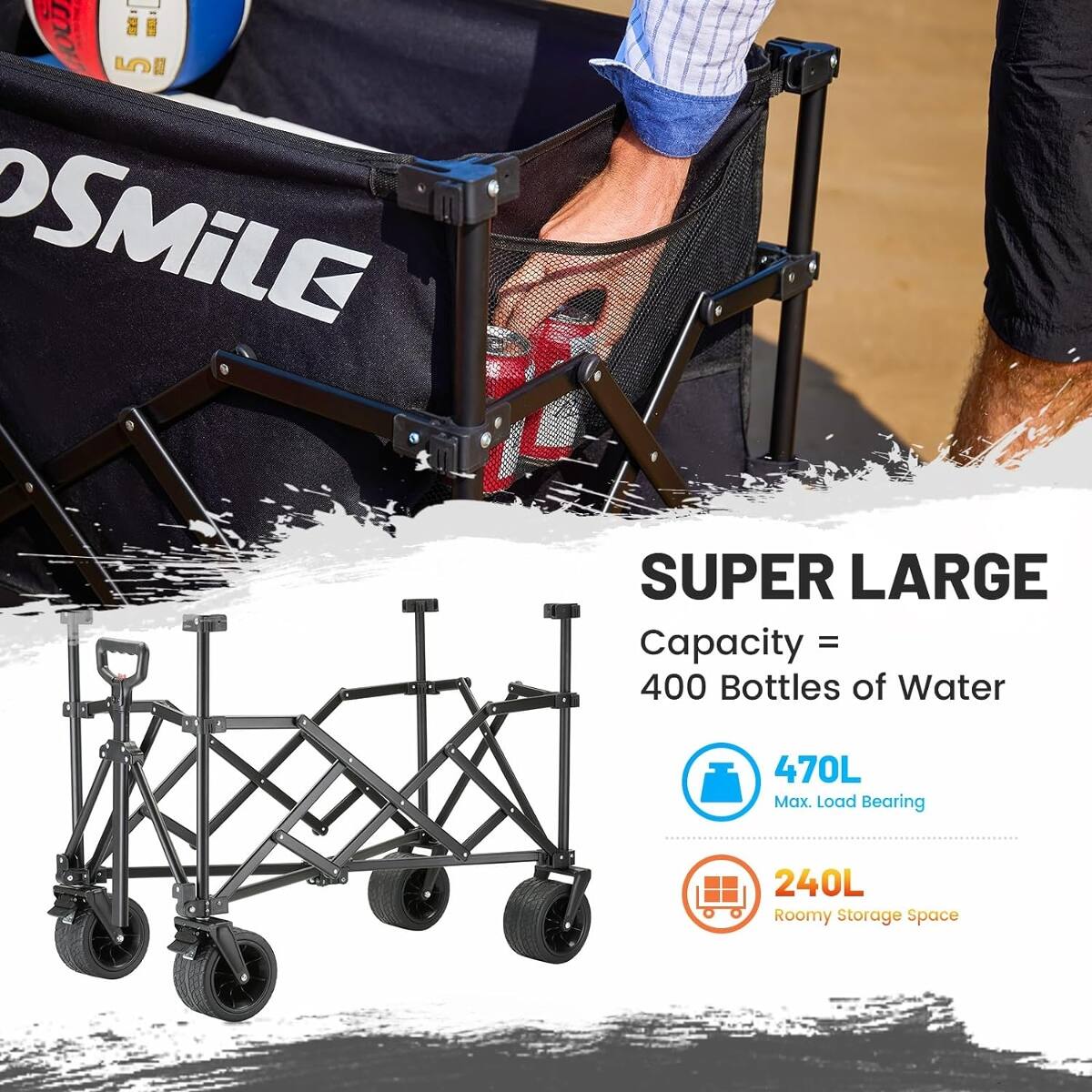 5 OSMiLE  
SUPER LARGE Capacity = 400 Bottles of Water  
470L Max. Load Bearing  
240L Roomy Storage Space