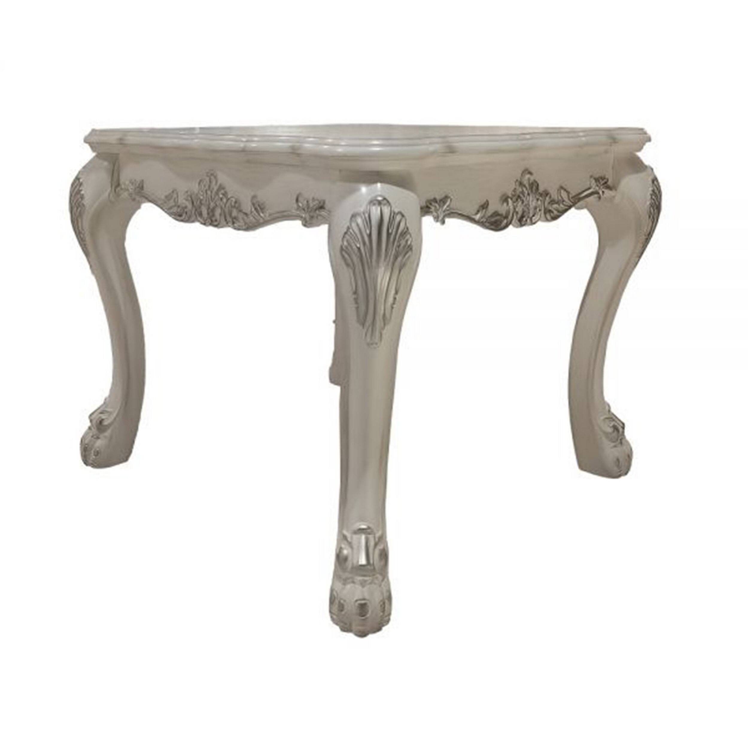 Manhattan Lane - Ally 28 Inch Side End Table, Aspen Wood, Classic Scrollwork, Polyresin - White, Silver