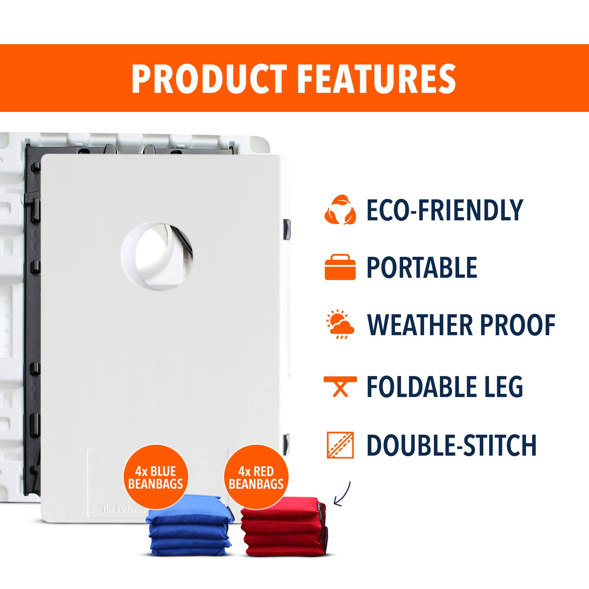 PRODUCT FEATURES

- ECO-FRIENDLY
- PORTABLE
- WEATHER PROOF
- FOLDABLE LEG
- DOUBLE-STITCH

4x BLUE BEANBAGS
4x RED BEANBAGS