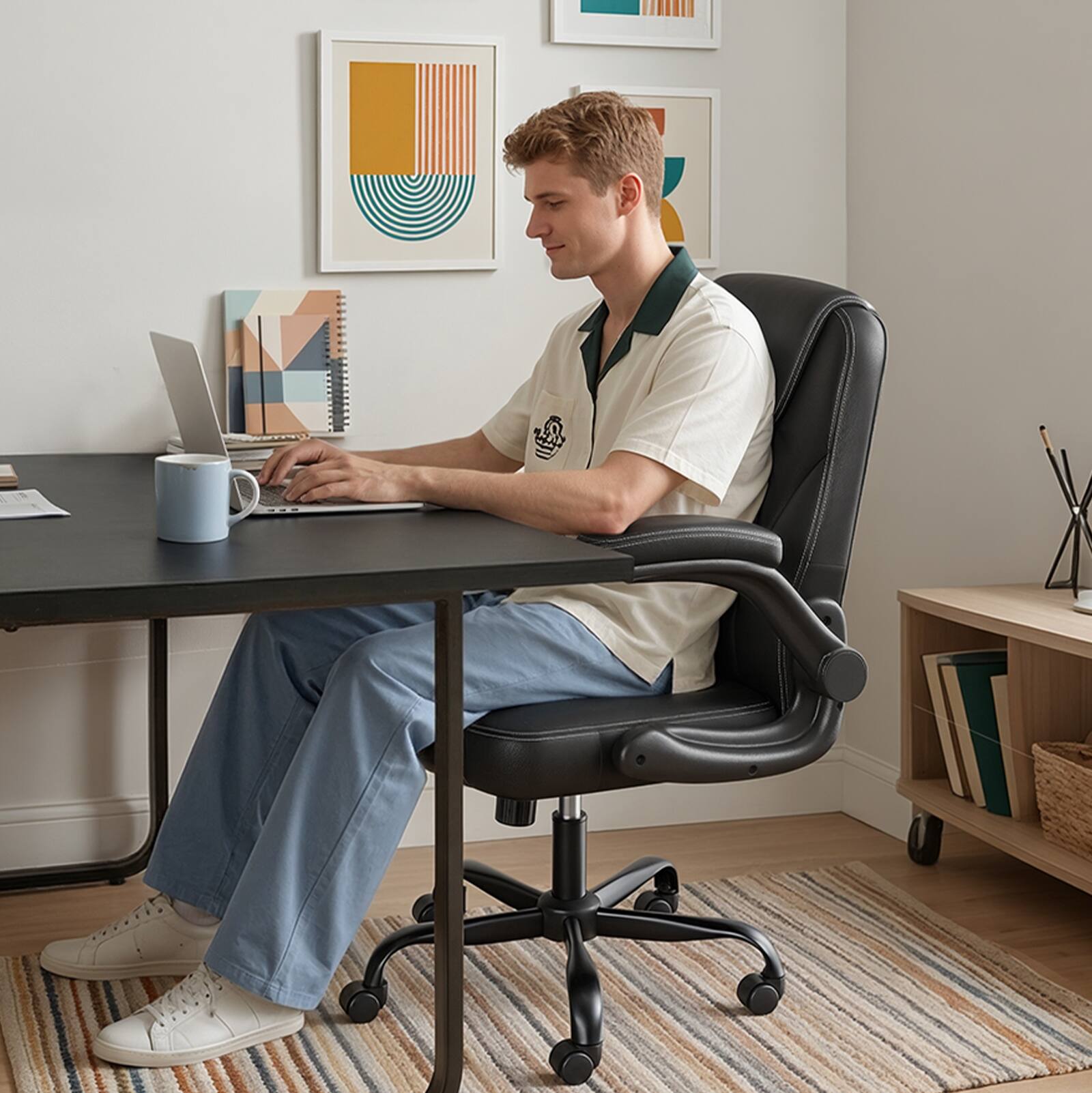 Angle. Pinmoco - Ergonomic PU Leather Office Chair, High Back Executive Computer Desk Chair - Black.