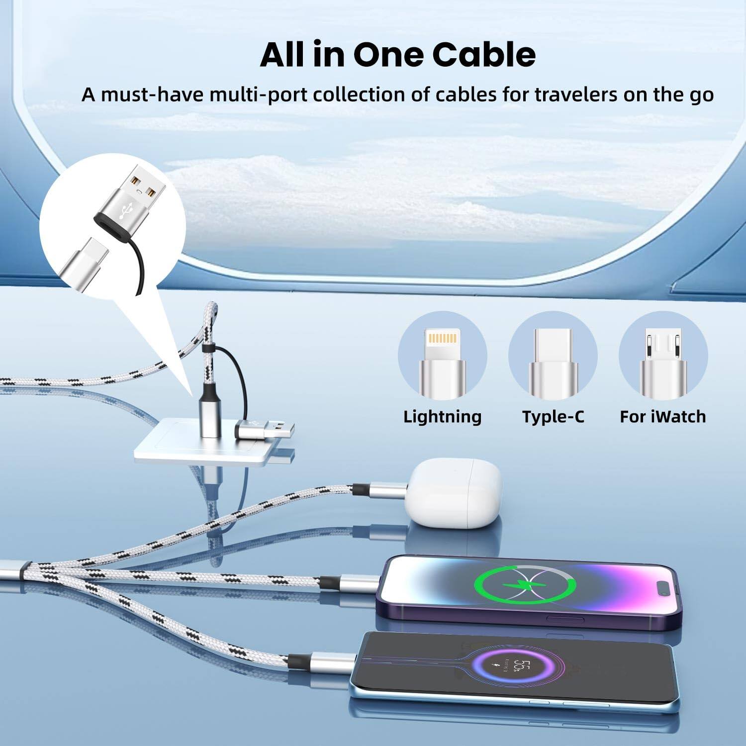 All in One Cable  
A must-have multi-port collection of cables for travelers on the go  

Lightning  
Type-C  
For iWatch