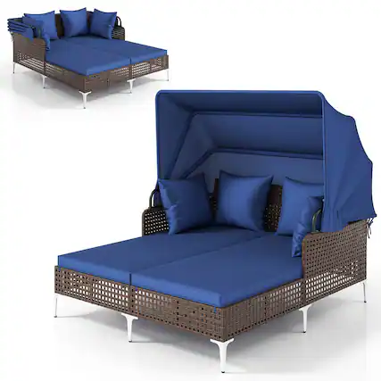 Front. Costway - Costway Outdoor Rattan Double Daybed with Retractable Canopy & Seat Back Cushions - Navy.