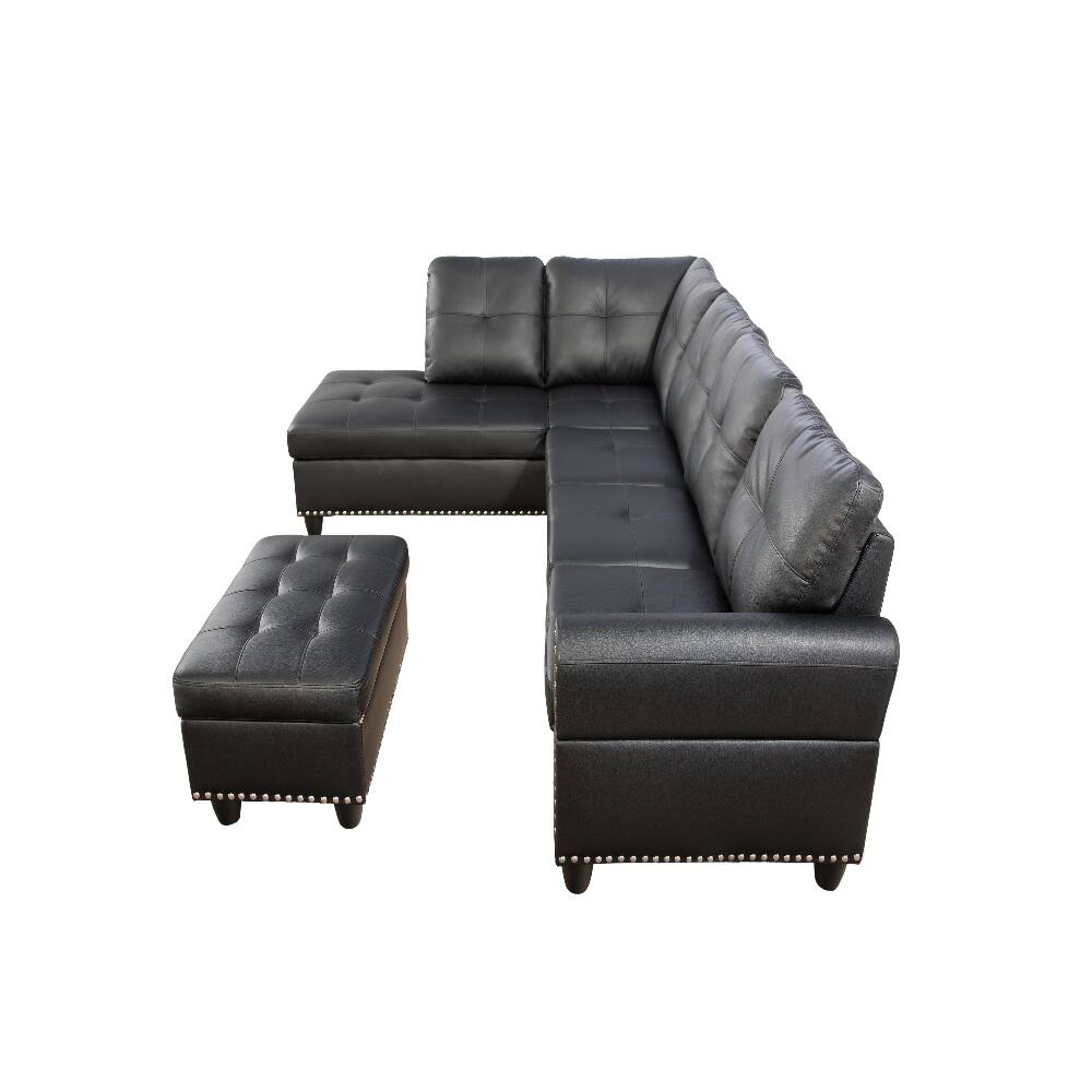 Angle. Loheer - Loheer Faux Leather Sectional Sofa with Storage Ottoman Cup Holders - Black.