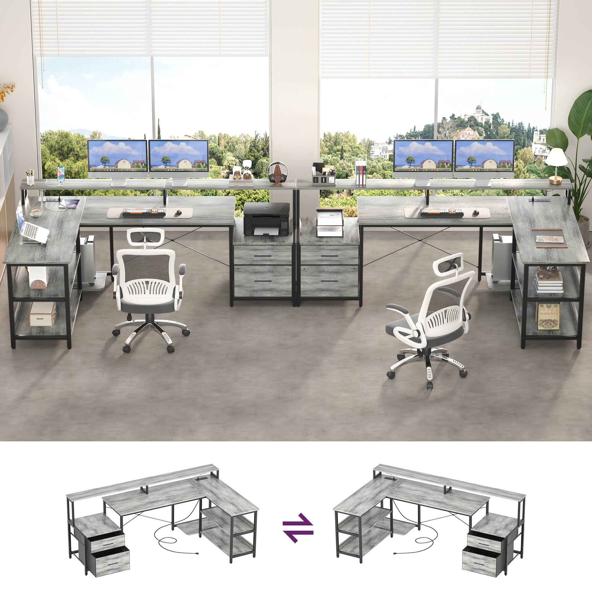 Left. Aheaplus - Reversible L Shaped Gaming/Office Desk with Power Outlet, File Drawer, Monitor Stand, LED Strip & Storage Shelf - White Oak.