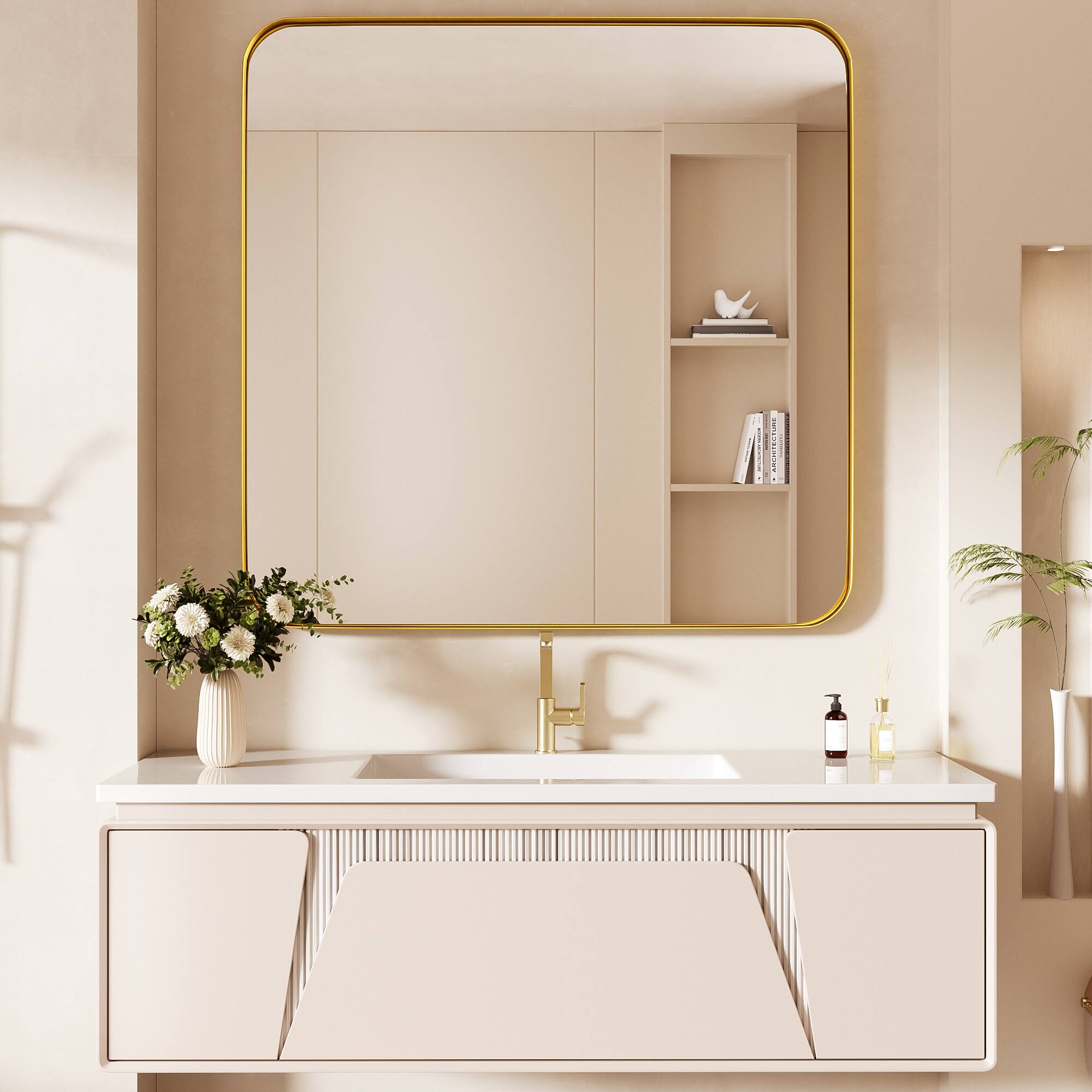 Left. LOVMOR - Tempered Glass Rounded Rectangle Framed Wall-Mounted Bathroom Vanity Mirror - 36" x 36" - Gold.