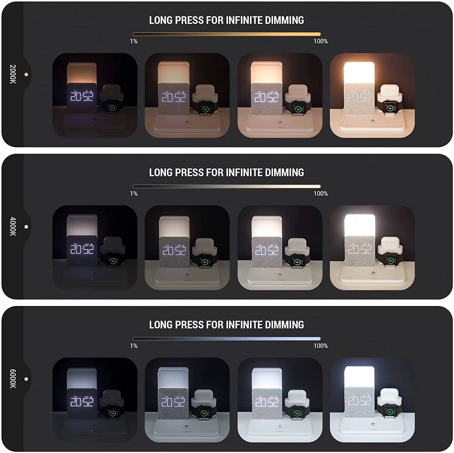 LONG PRESS FOR INFINITE DIMMING  
1% 100% 2000K 20:52  
LONG PRESS FOR INFINITE DIMMING  
1% 100% 4000K 20:52  
LONG PRESS FOR INFINITE DIMMING  
1% 100% 6000K 20:52