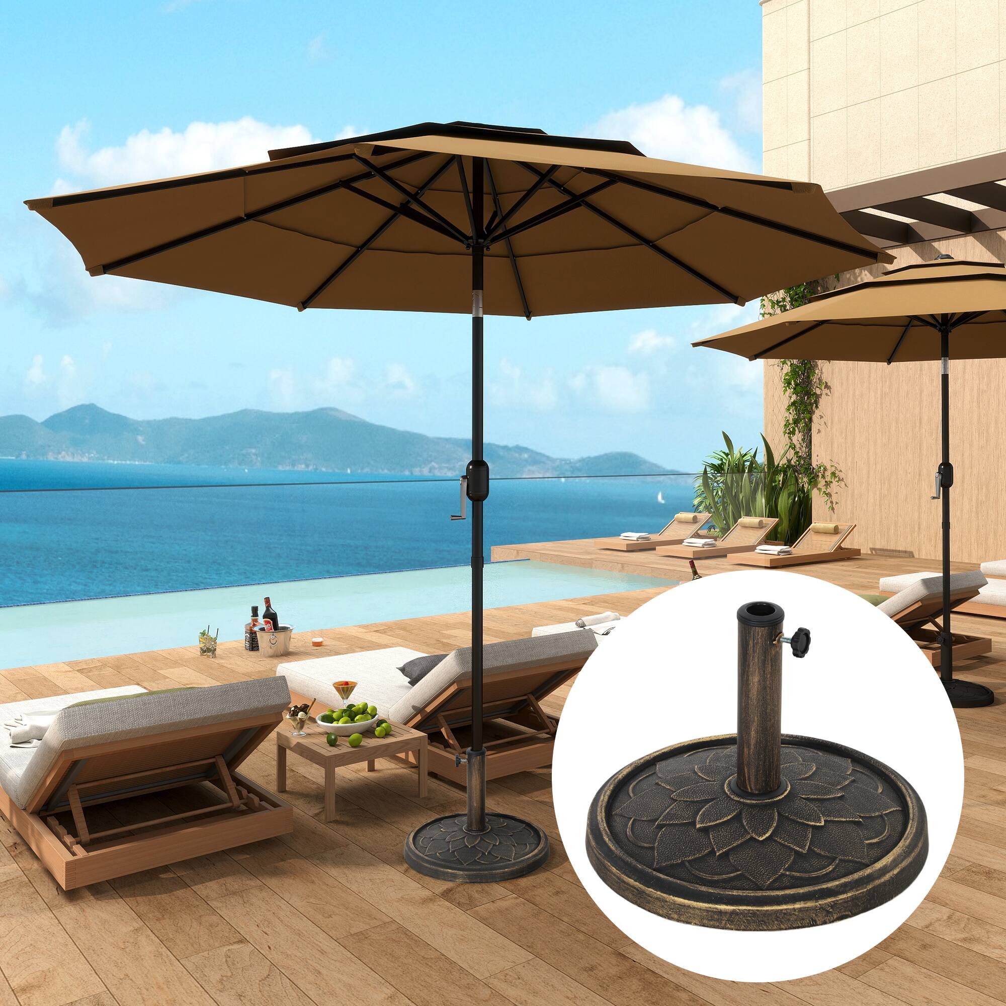 Angle. Outsunny - Round Patio Umbrella Base, 26 lbs Resin Umbrella Stand Base, Umbrella Holder for 1.3"/1.5"/1.9" Umbrella Poles - Bronze.