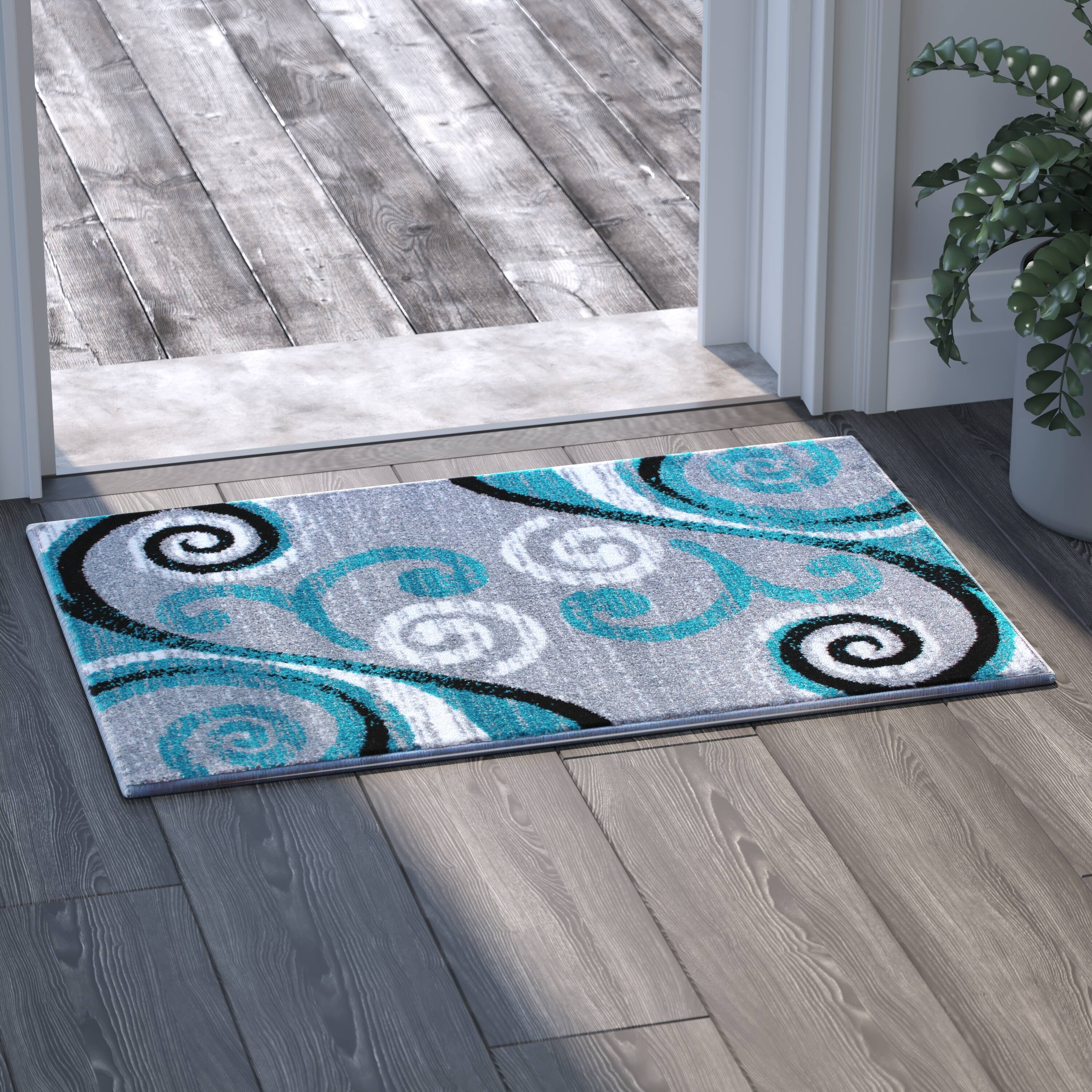 Alt View 2. Emma + Oliver - Helix Scraped Look Ultra Soft Plush Pile Olefin Accent Rug in Swirl Pattern, Jute Backing - Turquoise.