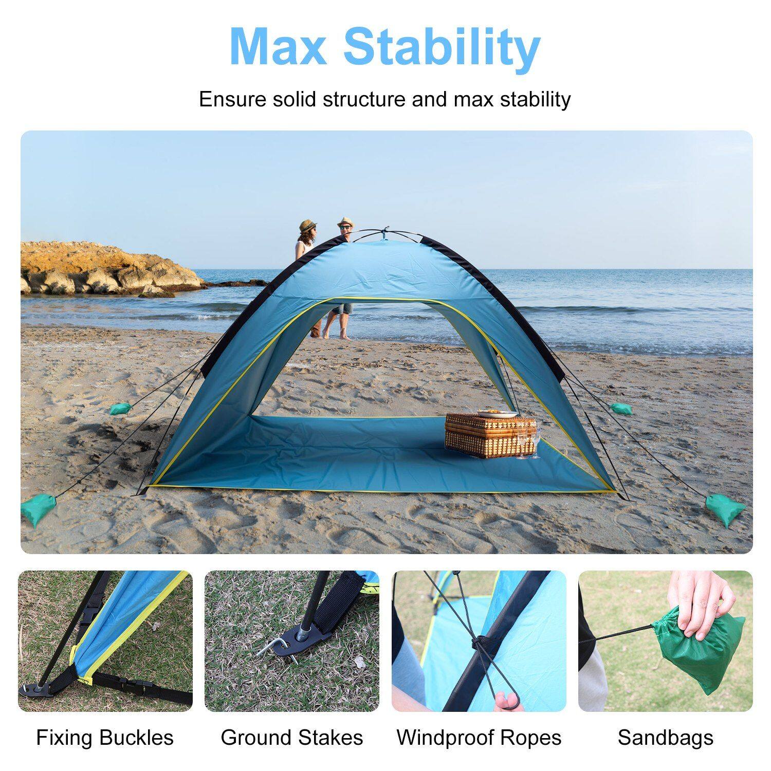 Max Stability  
Ensure solid structure and max stability  

Fixing Buckles  
Ground Stakes  
Windproof Ropes  
Sandbags