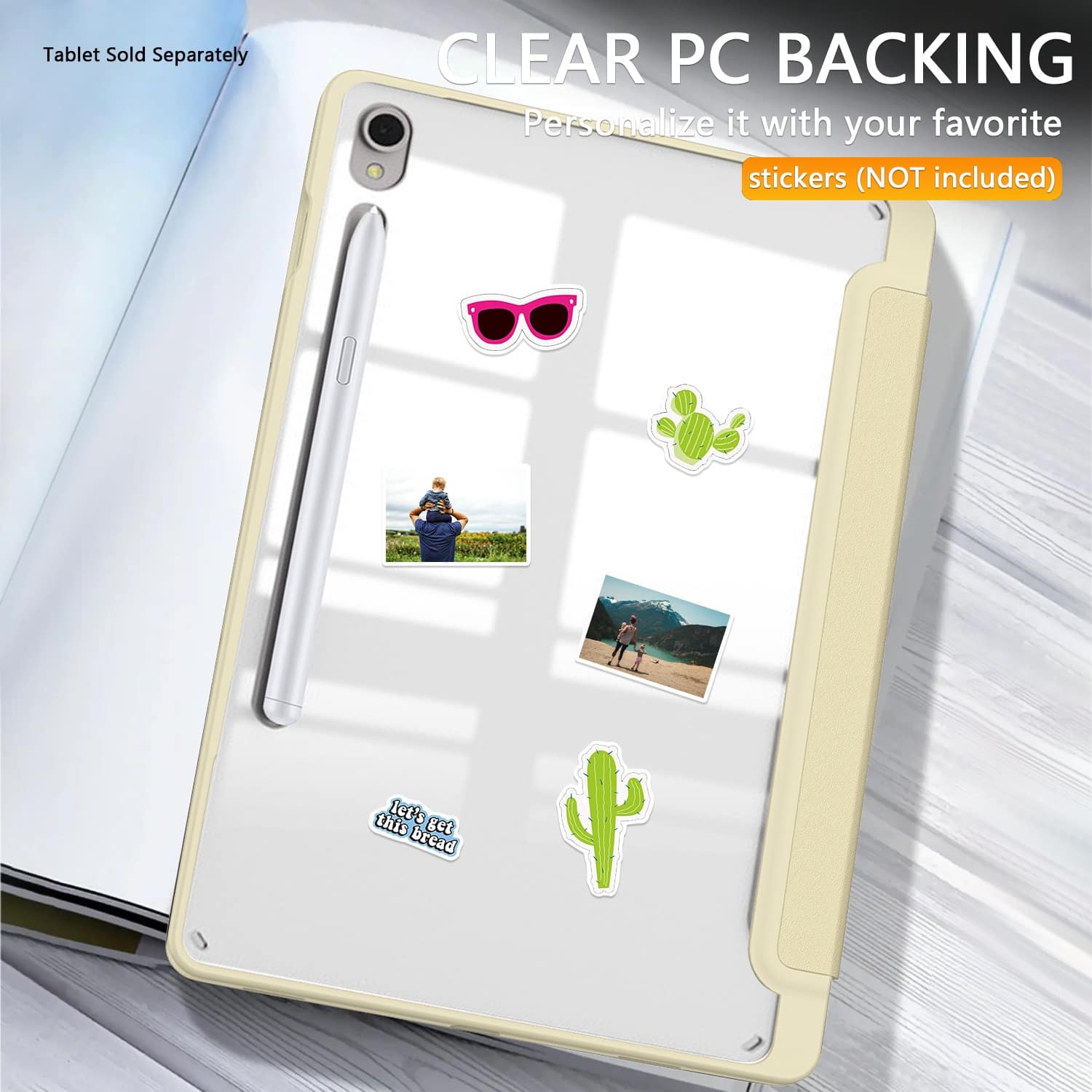 CLEAR PC BACKING, Personalize it with your favorite stickers (NOT included), Tablet Sold Separately, let's get this bread