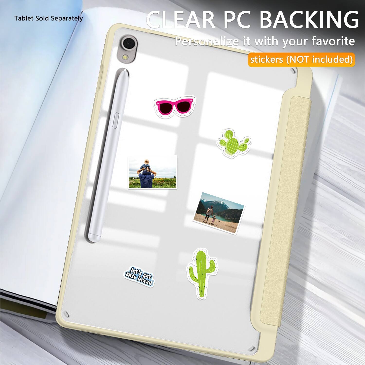 CLEAR PC BACKING, Personalize it with your favorite stickers (NOT included), Tablet Sold Separately, let's get this bread