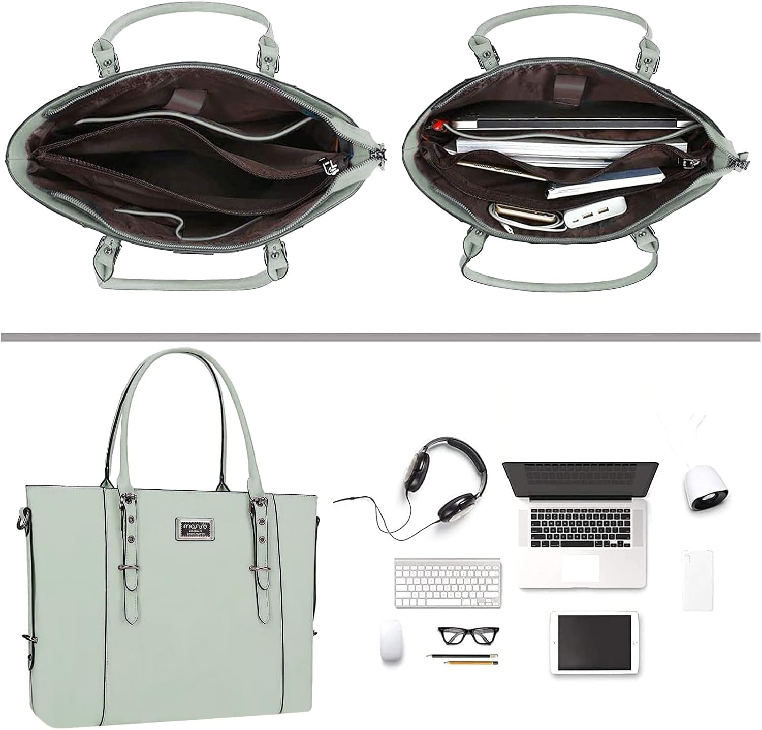 Left. mosiso - Waterproof PU Leather Laptop Bag for Women 15.6 Inch, Vintage Briefcase Shoulder Tote Computer Bag for Work & Office - Sage Green.