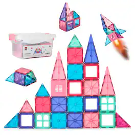Best Choice Products - 32-Piece Kids Magnetic Tiles Set, Educational Building STEM Toy w/ Case - Pink