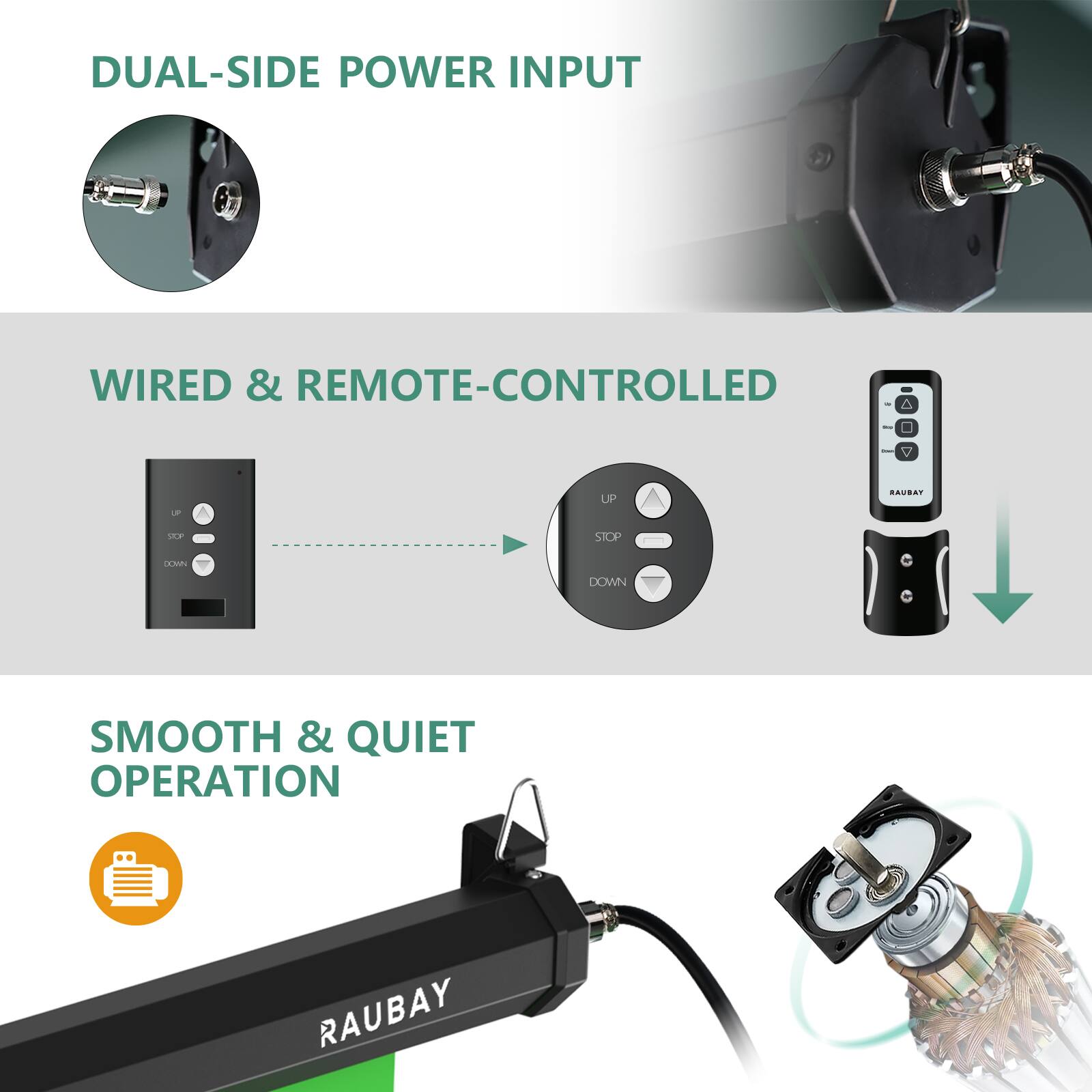 DUAL-SIDE POWER INPUT

WIRED & REMOTE-CONTROLLED

SMOOTH & QUIET OPERATION