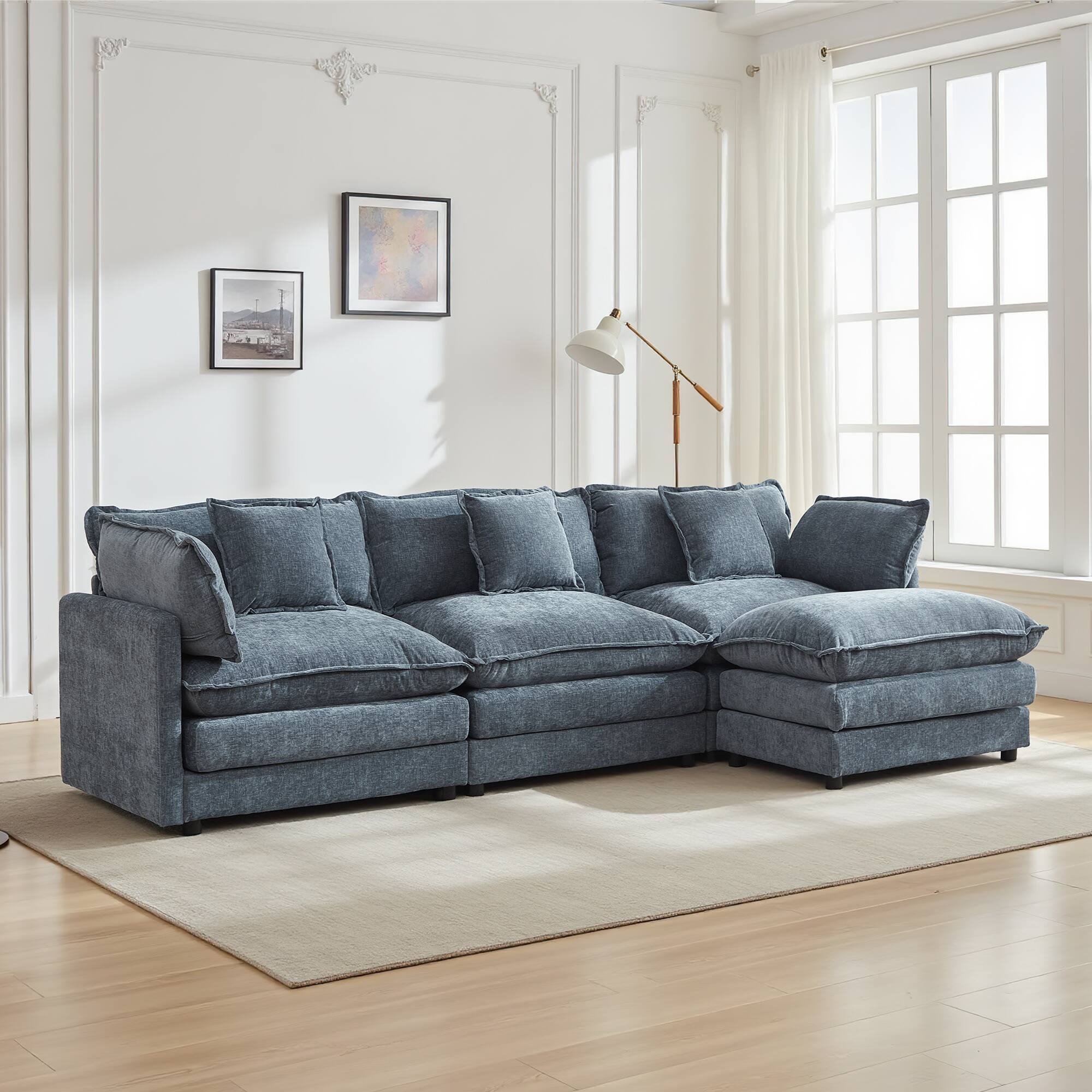 Alt View 2. KERDOM - Modular Sleeper Sofa Bed Chaise Longue Anti-Cat Scratch Chenille Cloth, 3 Seat Convertible Sectional L Shaped Sofa Couch - Blue + 1 Ottoman.