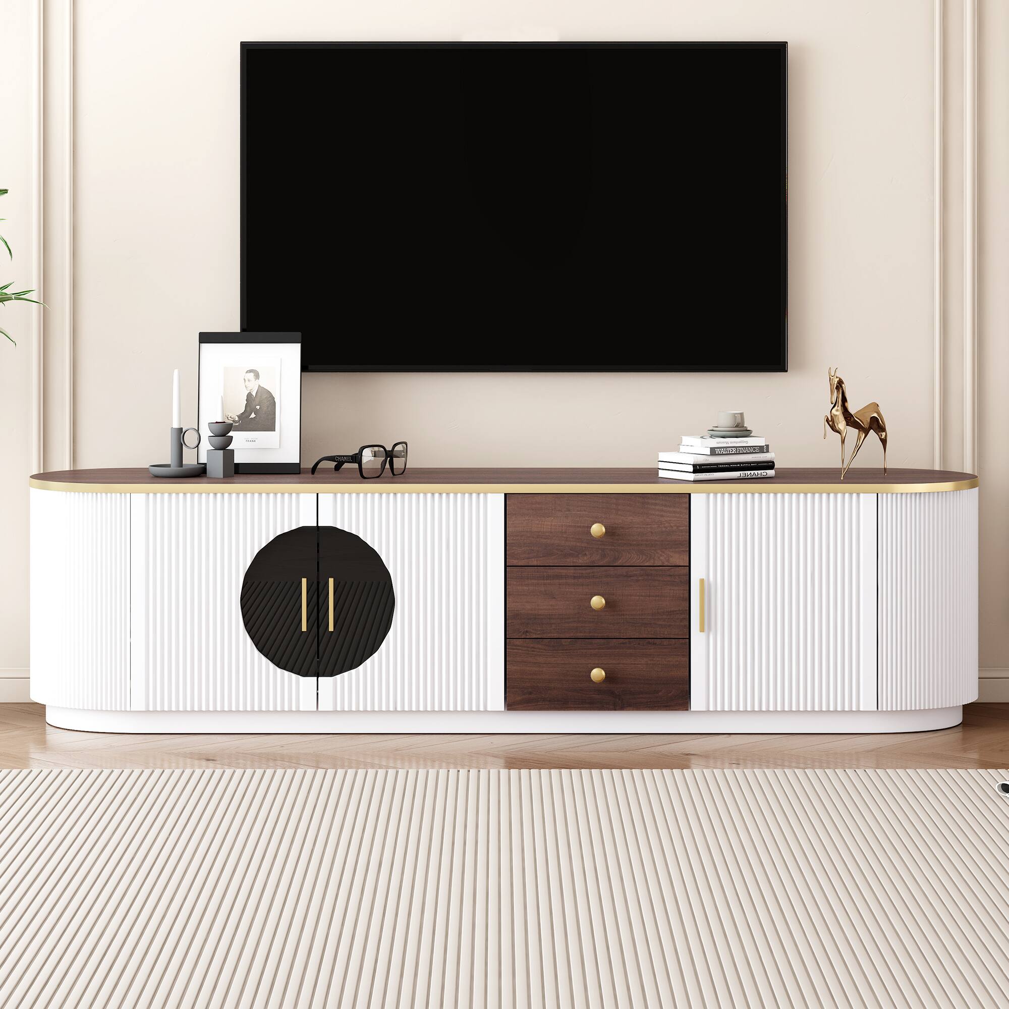 Angle. APRILSOUL - 70.8 Inch Modern Minimalist TV Stand for TVs up to 80 Inches with 3 Drawers and 1 Shelf Metal Handles and 2 Cabinets - White.