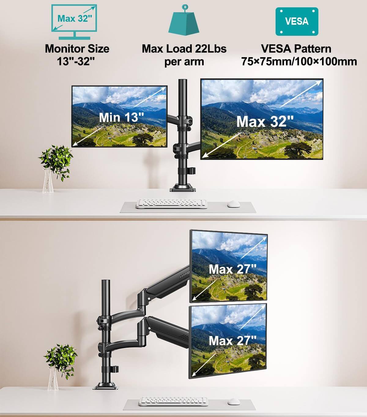 Max 32"  
Monitor Size 13" - 32"  
Max Load 22Lbs per arm  
VESA Pattern 75x75mm/100x100mm  
Min 13"  
Max 32"  
Max 27"  
Max 27"