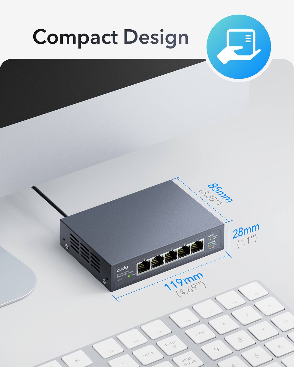 Compact Design (3.35) 85mm LaE - 28mm UD H (1.1") - cudy nneTn AmT AE 119mm (4.69") (4 ET7 F96 = EV clear 114 page up F13 9 home in page down 6I% I 8 A 519 7 5 - 6 A