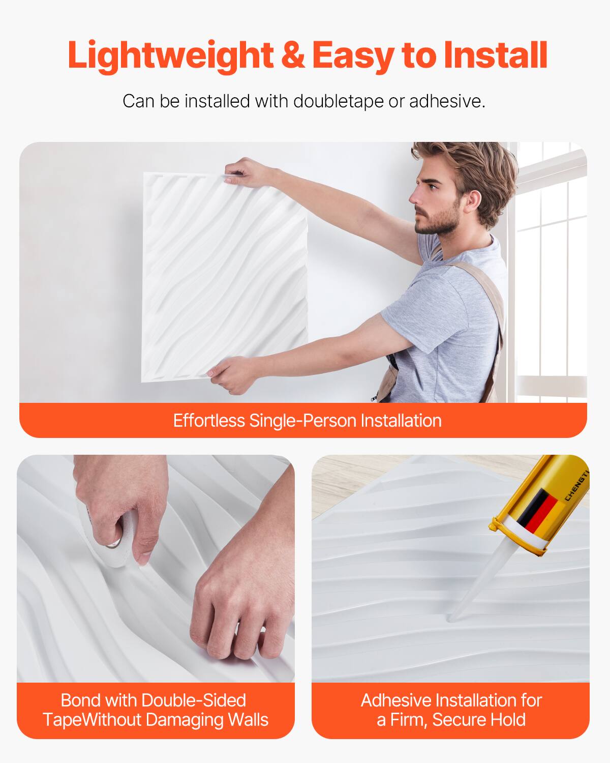 Lightweight & Easy to Install  
Can be installed with double tape or adhesive.

Effortless Single-Person Installation

Bond with Double-Sided Tape Without Damaging Walls

Adhesive Installation for a Firm, Secure Hold