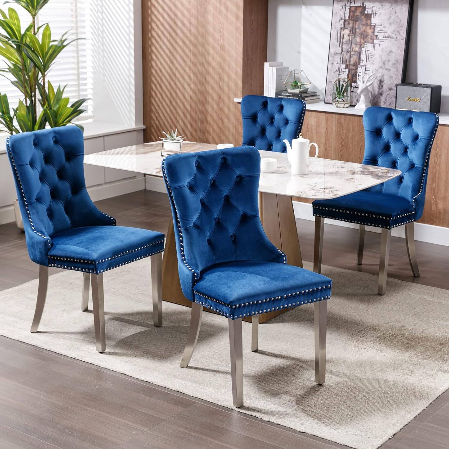 Alt View 4. Trinkets Crazed - Velvet Dining Chair Set of 2 Upholstered Tufted Dining Room Chair with Nailhead Trim - blue.