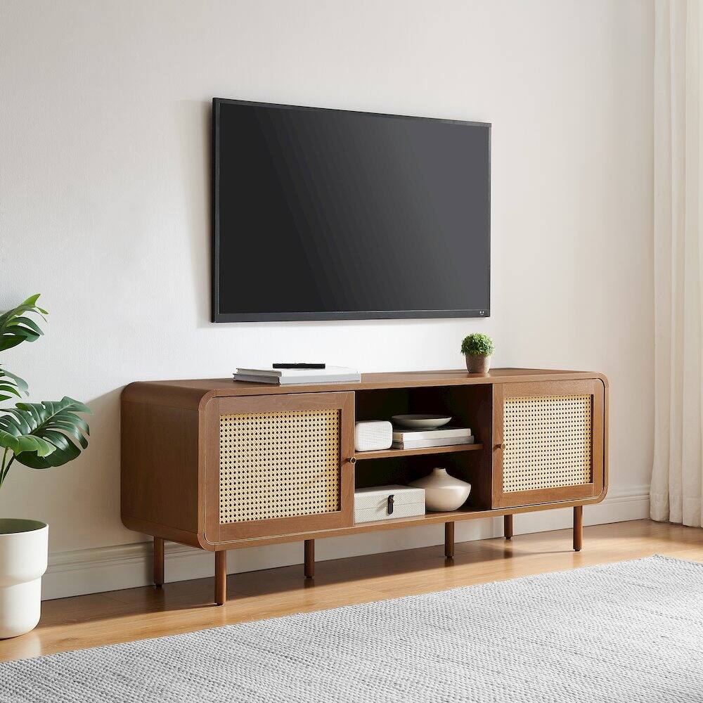Alt View 1. Crosley Furniture - Nora Modern Record Player Cabinet With Vinyl Storage, Rattan Turntable Stand - Gray.