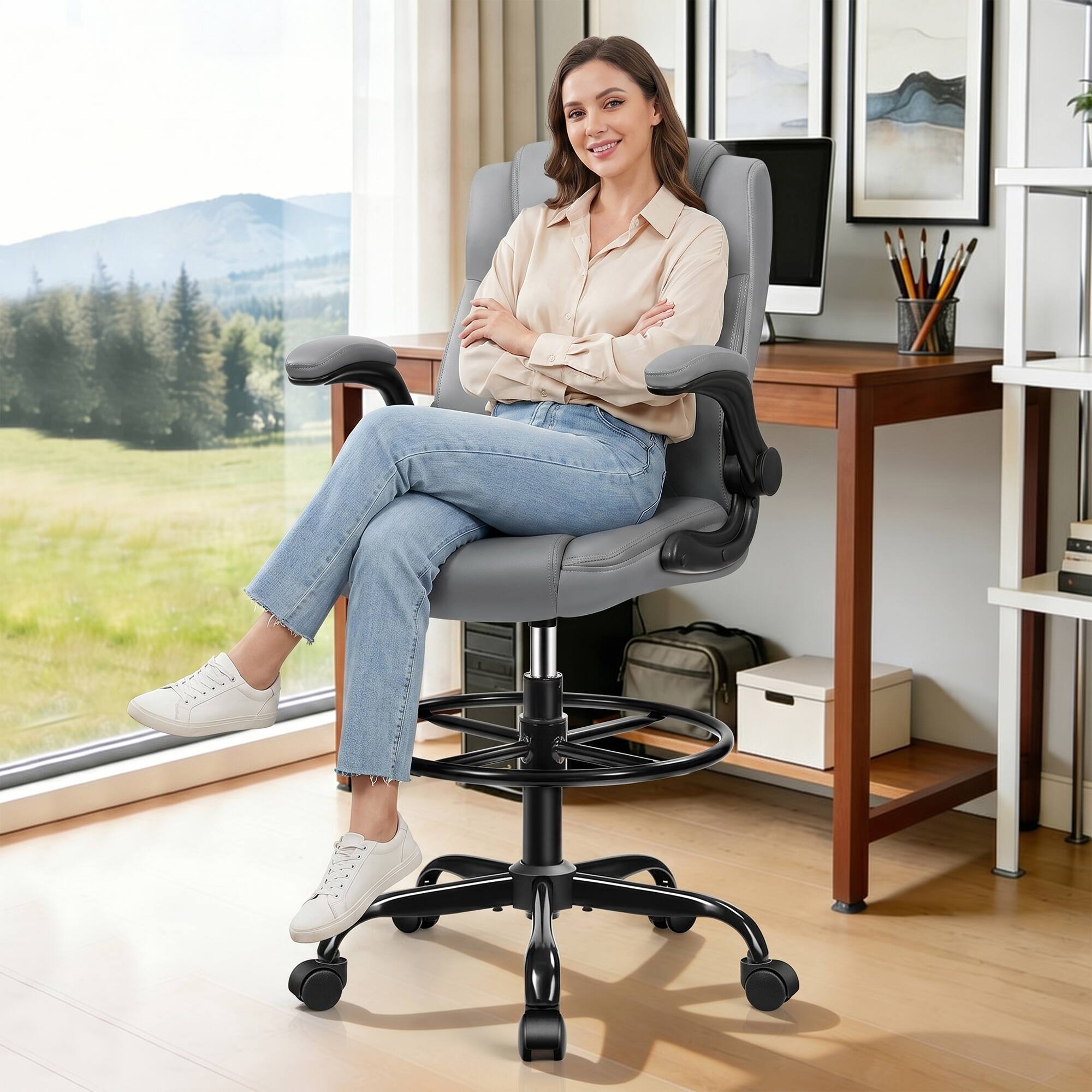Alt View 5. KERDOM - High Back Drafting Chair with Adjustable Footrest Ring, Ergonomic PU Leather Standing Desk Chair with Flip-Up Armrest - Grey.
