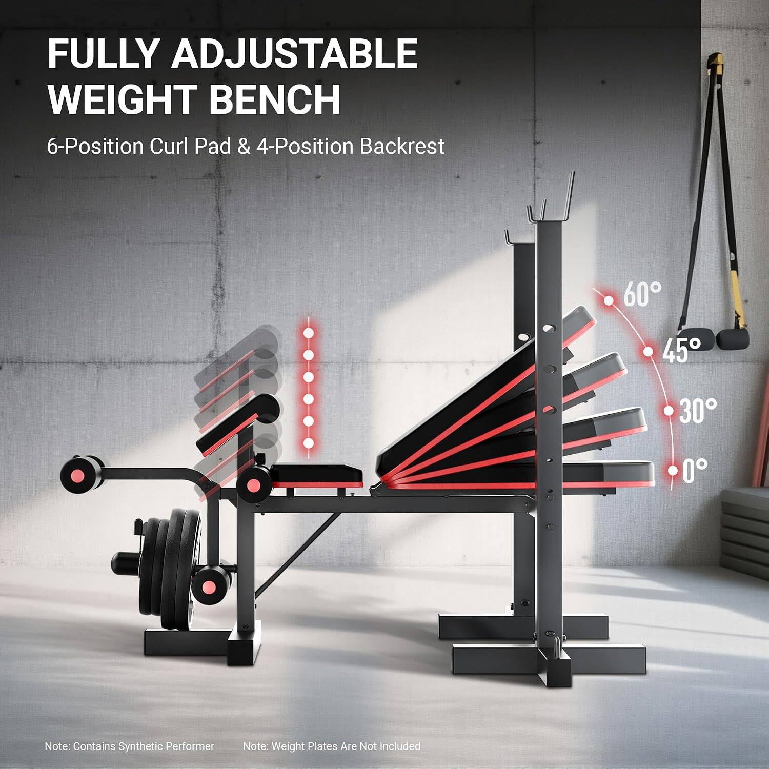 FULLY ADJUSTABLE WEIGHT BENCH  
6-Position Curl Pad & 4-Position Backrest  

60  
45  
30  
0  

Note: Contains Synthetic Performer  
Note: Weight Plates Are Not Included