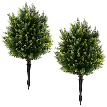 Front. Costway - Costway 24 Inches Artificial Cypress Topiary Ball Tree Set, 2 Pack Faux Cedar Bushes with Ground Spike - Green.