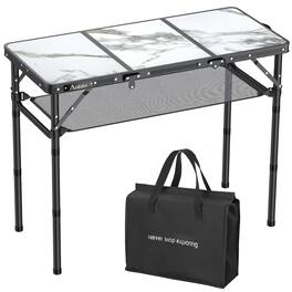 JETRANSPORT - Folding Camping Table With Storage Net 3ft Aluminum 3 Adjustable Height Max 27.5 Inch Picnic Portable For Out - White Marble Pattern