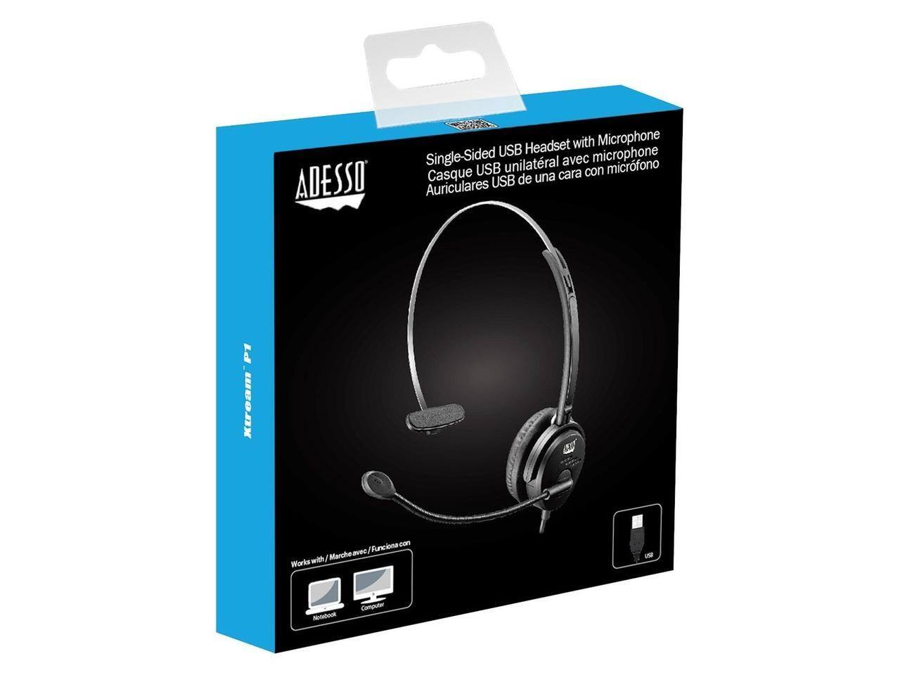 ADESSO Headset with Microphone Single-Sided USB microphone unilatral avec microphone Casque USB cara con USB de una cara Auriculares P1 Xiream 4 Workswith/Marcheavec/Funciona con Netrbook Computar