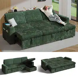 Vipbear - 101” Sectional Sleeper Sofa Bed with Pull Out Bed, L Shaped Couch Sleeper Sofa with Reclining Backrest - Green